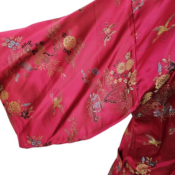 Vintage Red Embroidered Long Kimono Robe with Belt Made in China - Picture 3 of 13